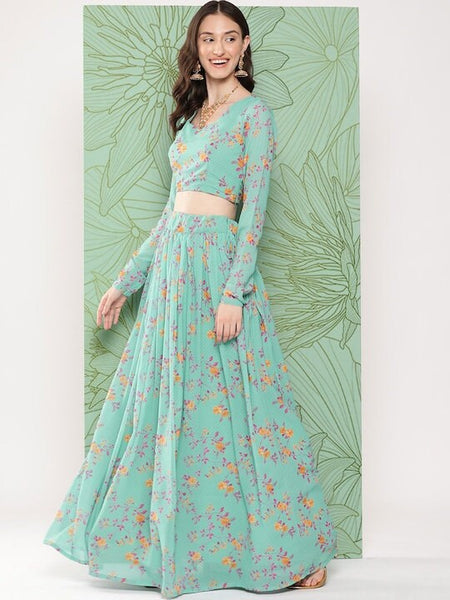Indian Floral Print Crop Top With Skirt & Dupatta Set, Blouse With Skirt Set, Indo Western Dress For Women, Indian Dress, Lehenga Choli VitansEthnics