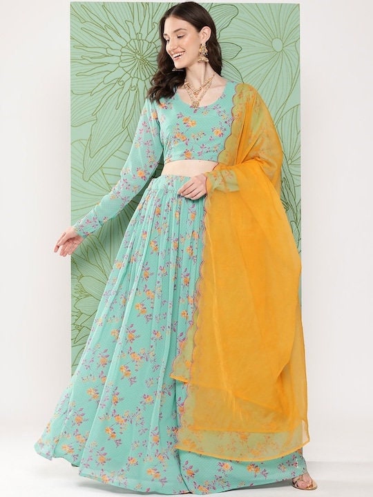 Indian Floral Print Crop Top With Skirt & Dupatta Set, Blouse With Skirt Set, Indo Western Dress For Women, Indian Dress, Lehenga Choli VitansEthnics