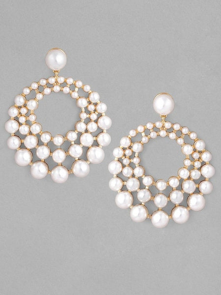White Gold-Plated Circular Drop Earrings, Classic Earrings For Women, Stud Earrings, Contemporary Earrings, Indian Jewelry, Pearl Earrings VitansEthnics