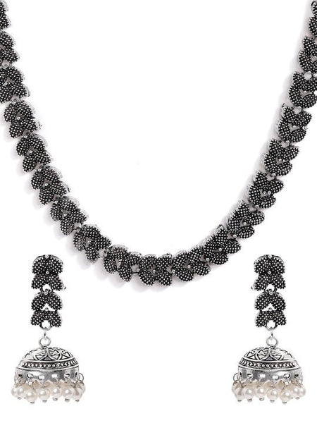 Oxidized Silver-Plated Black & Off-White Beaded Handcrafted Jewellery Set, Choker Necklace For Women, Indian Choker, Contemporary Necklace VitansEthnics