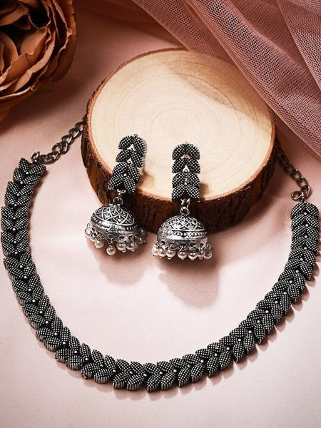 Oxidized Silver-Plated Black & Off-White Beaded Handcrafted Jewellery Set, Choker Necklace For Women, Indian Choker, Contemporary Necklace VitansEthnics