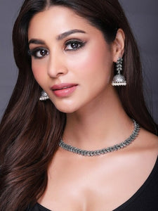 Oxidized Silver-Plated Black & Off-White Beaded Handcrafted Jewellery Set, Choker Necklace For Women, Indian Choker, Contemporary Necklace VitansEthnics