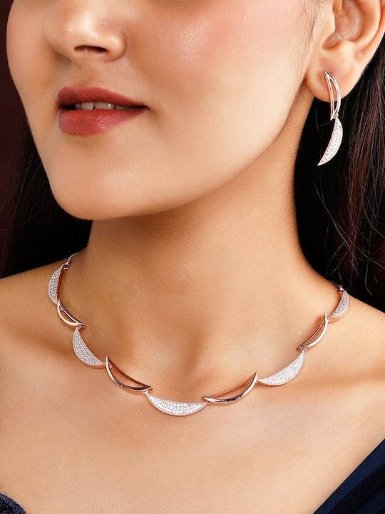 Rose Gold Plated White CZ Studded Handcrafted Jewelry Set, Intricate Choker Jewellery Set For Women, Indian Choker Necklace With earrings VitansEthnics