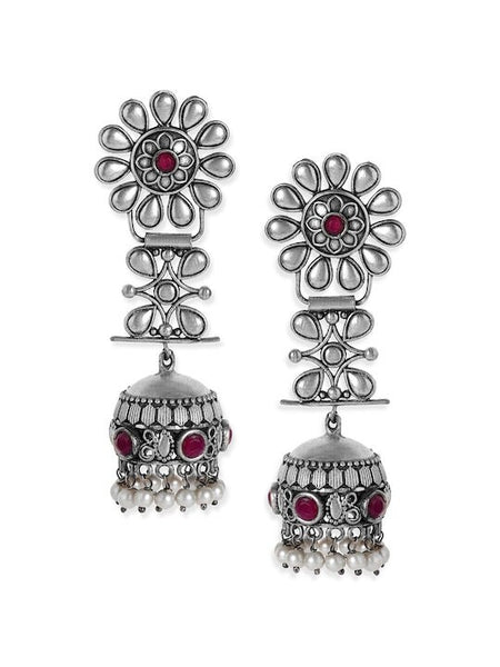 Silver-Toned Dome Shaped Jhumkas Earrings For Women, Classic Oxidised Earrings For Women, Contemporary Earrings, Indian Jewelry VitansEthnics
