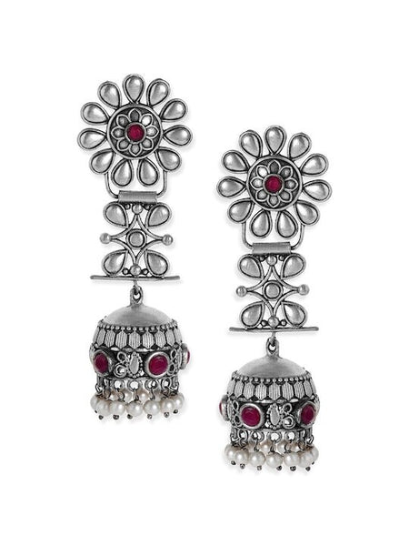 Silver-Toned Dome Shaped Jhumkas Earrings For Women, Classic Oxidised Earrings For Women, Contemporary Earrings, Indian Jewelry VitansEthnics