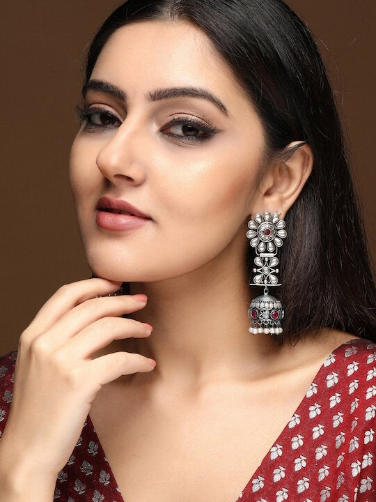 Silver-Toned Dome Shaped Jhumkas Earrings For Women, Classic Oxidised Earrings For Women, Contemporary Earrings, Indian Jewelry VitansEthnics