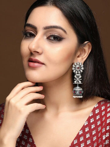 Silver-Toned Dome Shaped Jhumkas Earrings For Women, Classic Oxidised Earrings For Women, Contemporary Earrings, Indian Jewelry VitansEthnics