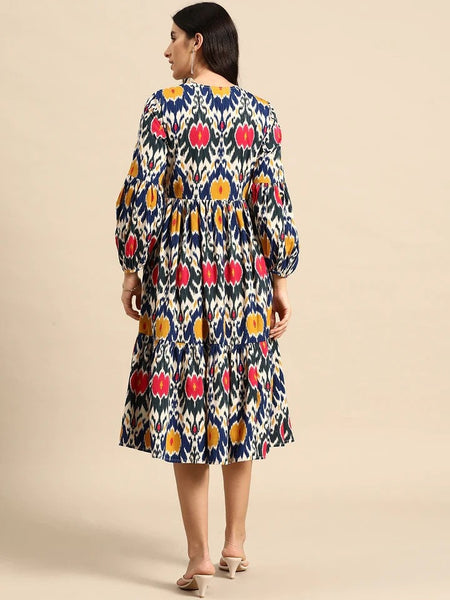 Indian Ethnic Motifs Printed Balloon Sleeves Midi Dress For Women, Indo Western Dress, Indian Dress, Abstract Print Dresses, Fusion Outfit VitansEthnics