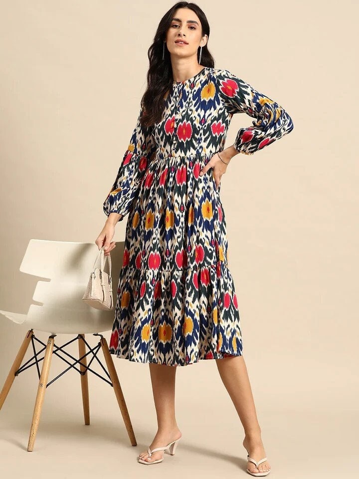 Indian Ethnic Motifs Printed Balloon Sleeves Midi Dress For Women, Indo Western Dress, Indian Dress, Abstract Print Dresses, Fusion Outfit VitansEthnics