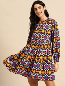 Indian Ethnic Motif Printed Balloon Sleeves Layered Dress For Women, Indo Western Dress, Indian Dress, Abstract Print Dresses, Fusion Outfit VitansEthnics