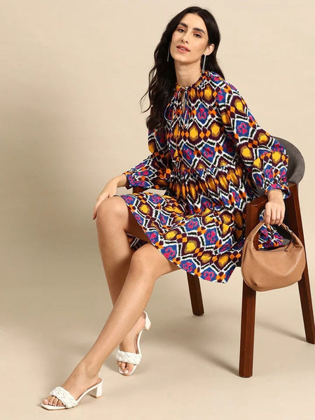 Indian Ethnic Motif Printed Balloon Sleeves Layered Dress For Women, Indo Western Dress, Indian Dress, Abstract Print Dresses, Fusion Outfit VitansEthnics