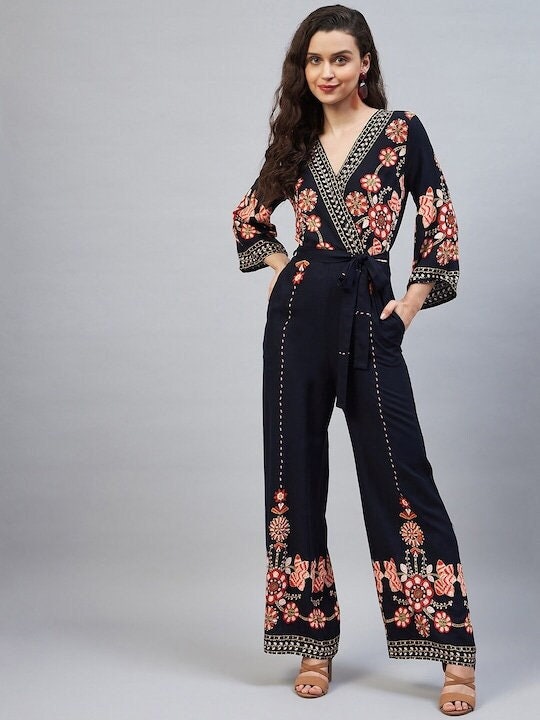 Designer Indian Floral Printed Jumpsuit For Women, Indo Western Dress, Party Wear Indian Dress, Jumpsuits For Women, Fusion Wear For Women VitansEthnics