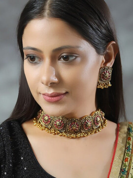 Gold-Plated Pink Stone Studded Handcrafted Choker Jewellery Set For Women, Indian Choker With Earrings Set, Contemporary Choker Necklace VitansEthnics