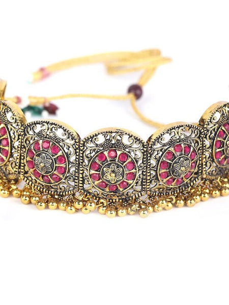 Gold-Plated Pink Stone Studded Handcrafted Choker Jewellery Set For Women, Indian Choker With Earrings Set, Contemporary Choker Necklace VitansEthnics