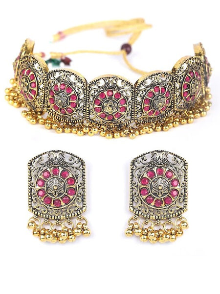 Gold-Plated Pink Stone Studded Handcrafted Choker Jewellery Set For Women, Indian Choker With Earrings Set, Contemporary Choker Necklace VitansEthnics