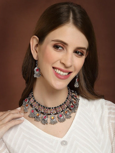 Oxidised Silver Toned Yellow & Pink Stone Studded Handcrafted Choker Jewellery Set For Women, Indian Choker With Earrings Set, Choker Set VitansEthnics