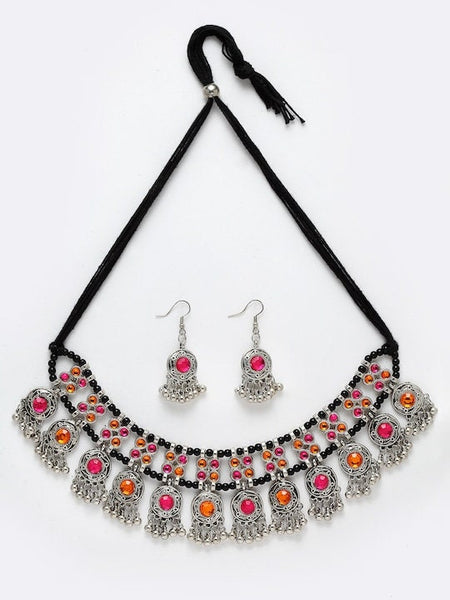 Oxidised Silver Toned Yellow & Pink Stone Studded Handcrafted Choker Jewellery Set For Women, Indian Choker With Earrings Set, Choker Set VitansEthnics