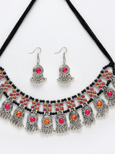 Oxidised Silver Toned Yellow & Pink Stone Studded Handcrafted Choker Jewellery Set For Women, Indian Choker With Earrings Set, Choker Set VitansEthnics