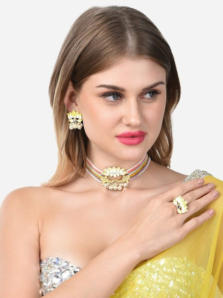 Yellow Crystals Lotus Meenakari Choker Necklace, Earring & Ring Set For Women, Wedding Indian Jewellery Set, Necklace Earrings Ring Set VitansEthnics