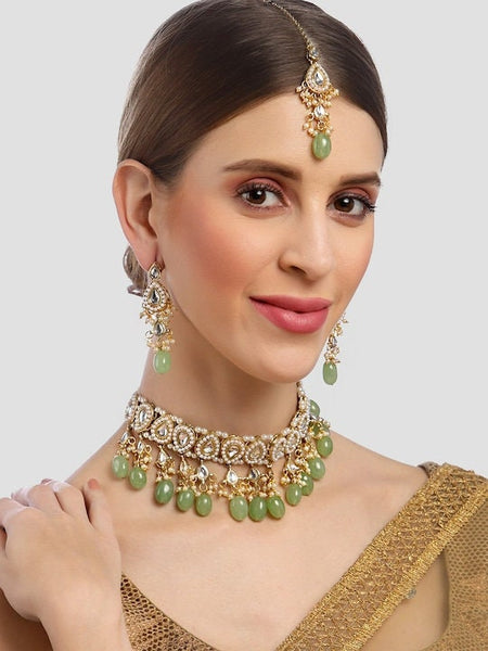 Gold-Plated Lime Green Stone & White Kundan Studded Choker Jewellery Set, Indian Jewellery Wedding Bridal, Necklace Earrings Maangtikka Set VitansEthnics