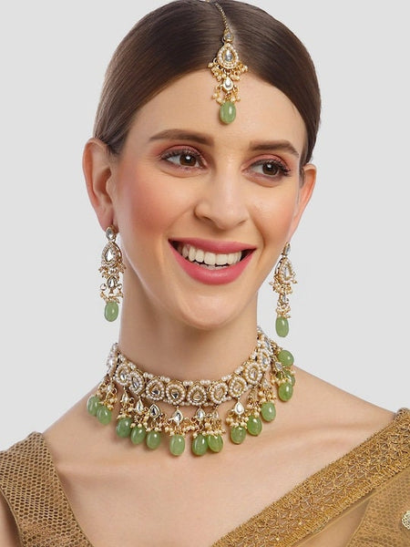 Gold-Plated Lime Green Stone & White Kundan Studded Choker Jewellery Set, Indian Jewellery Wedding Bridal, Necklace Earrings Maangtikka Set VitansEthnics