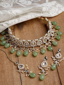 Gold-Plated Lime Green Stone & White Kundan Studded Choker Jewellery Set, Indian Jewellery Wedding Bridal, Necklace Earrings Maangtikka Set VitansEthnics