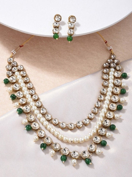 Gold-Plated Green Beaded & Layered Choker Jewellery Set For Women, Indian Necklace With Earrings Set, Contemporary Layered Necklace VitansEthnics