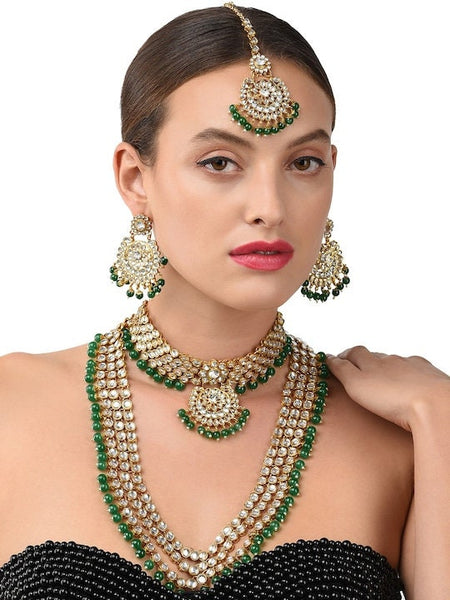 Green Gold-Plated Bridal Kundan Choker 2 Necklaces Jewellery Set Women, Bridal Indian Jewellery Wedding, Necklace Earrings Maangtikka Set VitansEthnics