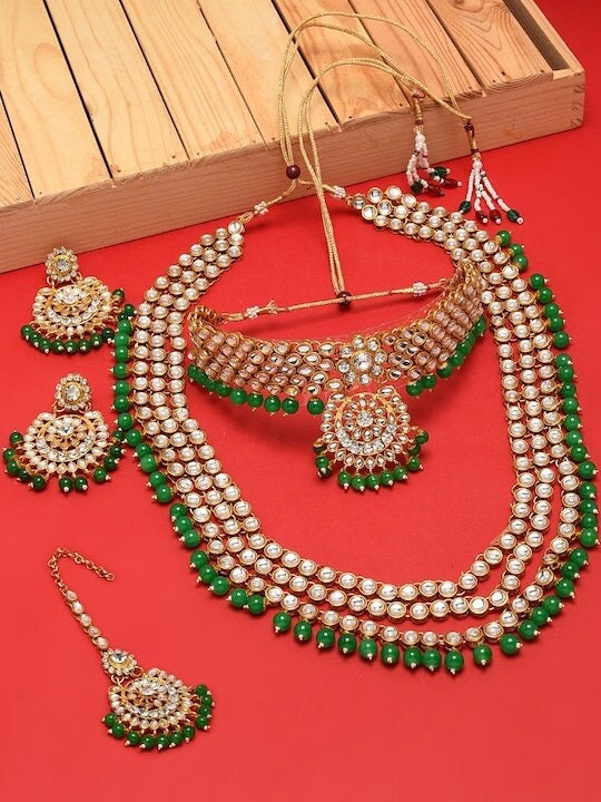 Green Gold-Plated Bridal Kundan Choker 2 Necklaces Jewellery Set Women, Bridal Indian Jewellery Wedding, Necklace Earrings Maangtikka Set VitansEthnics