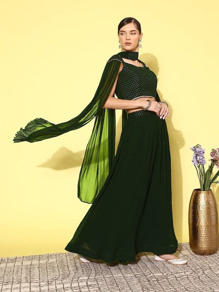 Designer Indian Sequin Embroidered Crop Top With Skirt And Dupatta Set, Indo Western Outfit, Indian Dress, Lehenga Choli For Women VitansEthnics