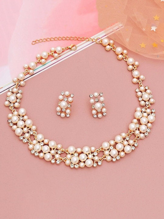 Gold-Plated & White Pearl Studded Necklace With Earrings Set, Jewellery Set For Women, Indian Choker, Pearl Choker Necklace Set VitansEthnics