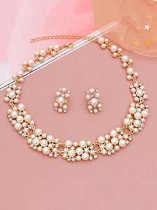 Gold-Plated & White Pearl Studded Necklace With Earrings Set, Jewellery Set For Women, Indian Choker, Pearl Choker Necklace Set VitansEthnics