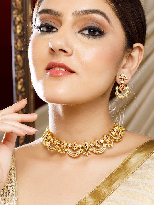 24K Gold Plated Handcrafted Intricate Choker Jewellery Set For Women, Indian Choker With Earrings Set, Contemporary Choker Necklace VitansEthnics