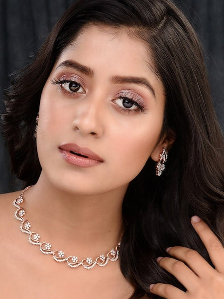 Rose Gold-Plated White AD-Studded Jewellery Set, Indian Necklace With Earrings, Bollywood Jewelry Set, Indian Choker Set For Women VitansEthnics
