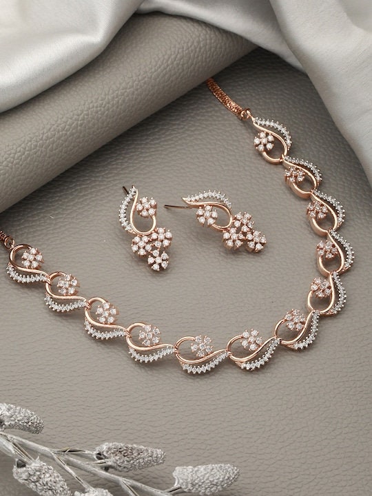 Rose Gold-Plated White AD-Studded Jewellery Set, Indian Necklace With Earrings, Bollywood Jewelry Set, Indian Choker Set For Women VitansEthnics