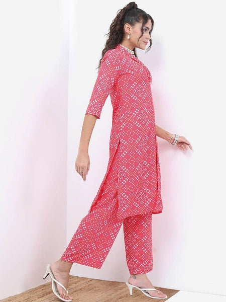 Pink Bandhani Printed Crop Top With Trousers & Jacket Set For Women, Wedding Guest Outfits, Ethnic Wear, Co-ords sets, Indo Western outfit VitansEthnics
