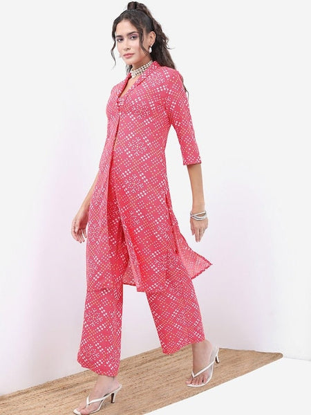 Pink Bandhani Printed Crop Top With Trousers & Jacket Set For Women, Wedding Guest Outfits, Ethnic Wear, Co-ords sets, Indo Western outfit VitansEthnics