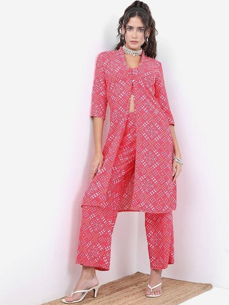 Pink Bandhani Printed Crop Top With Trousers & Jacket Set For Women, Wedding Guest Outfits, Ethnic Wear, Co-ords sets, Indo Western outfit VitansEthnics