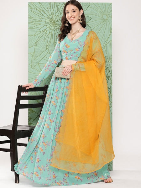 Indian Floral Print Crop Top With Skirt & Dupatta Set, Blouse With Skirt Set, Indo Western Dress For Women, Indian Dress, Lehenga Choli VitansEthnics