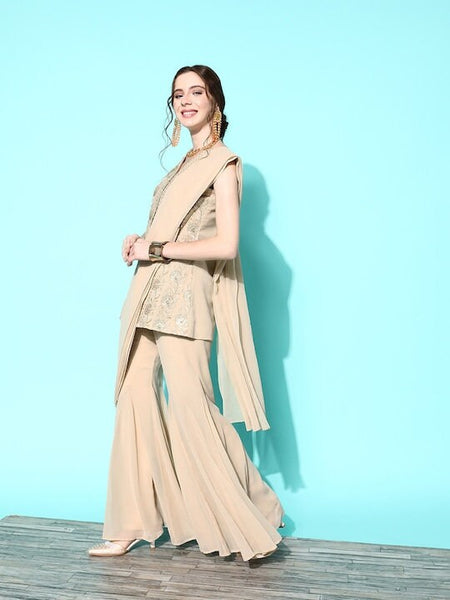 Designer Indian Top with Sharara Pants And Dupatta Set, Indo Western Ethnic Set for women, Fusion Embroidered Kurta with palazzo and Dupatta VitansEthnics