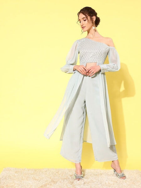 Sequin Embroidered One Shoulder Tunic With Palazzo For Women, Kurti Set For Women, Indian Suit Set, Indo Western Outfit, Indian Dress VitansEthnics