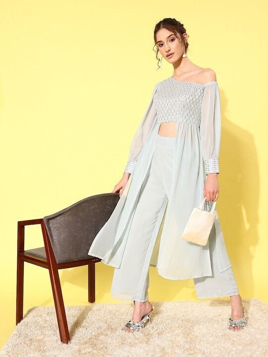 Sequin Embroidered One Shoulder Tunic With Palazzo For Women, Kurti Set For Women, Indian Suit Set, Indo Western Outfit, Indian Dress VitansEthnics
