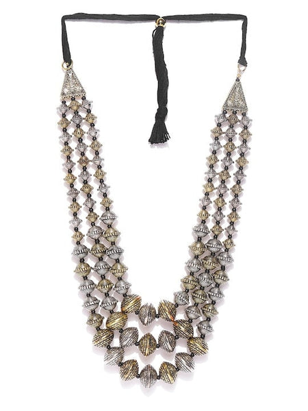 Oxidised Silver Toned & Antique Gold-Toned Beaded Layered Handcrafted Necklace