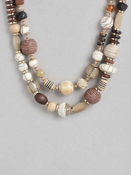 Brown & Gold-Toned Beaded Statement Layered Necklace For Women, Beach Stone Necklace
