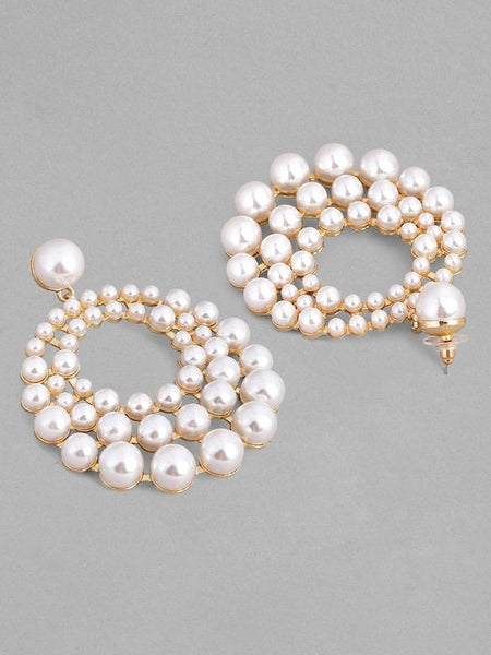 White Gold-Plated Circular Drop Earrings, Classic Earrings For Women, Stud Earrings, Contemporary Earrings, Indian Jewelry, Pearl Earrings VitansEthnics