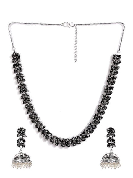 Oxidized Silver-Plated Black & Off-White Beaded Handcrafted Jewellery Set, Choker Necklace For Women, Indian Choker, Contemporary Necklace VitansEthnics