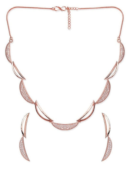 Rose Gold Plated White CZ Studded Handcrafted Jewelry Set, Intricate Choker Jewellery Set For Women, Indian Choker Necklace With earrings VitansEthnics
