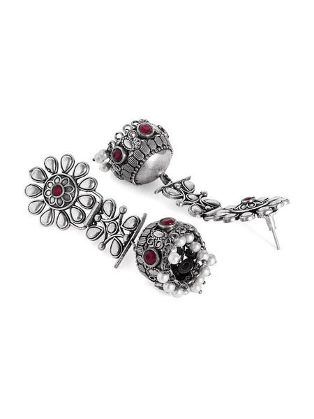 Silver-Toned Dome Shaped Jhumkas Earrings For Women, Classic Oxidised Earrings For Women, Contemporary Earrings, Indian Jewelry VitansEthnics