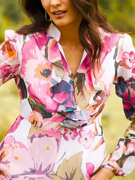 Frill Neck Mini Skater Dress For Women, Long Sleeves Floral Print Dress For Women, Indo Western Dress, Indian Dress, Fusion Wear VitansEthnics