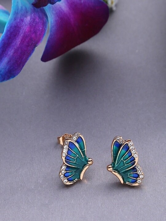 Blue Gold-Plated Butterfly Stud Earrings For Women & Girls, Classic Earrings, Statement Earrings, Contemporary Earrings, Handcrafted Jewelry VitansEthnics